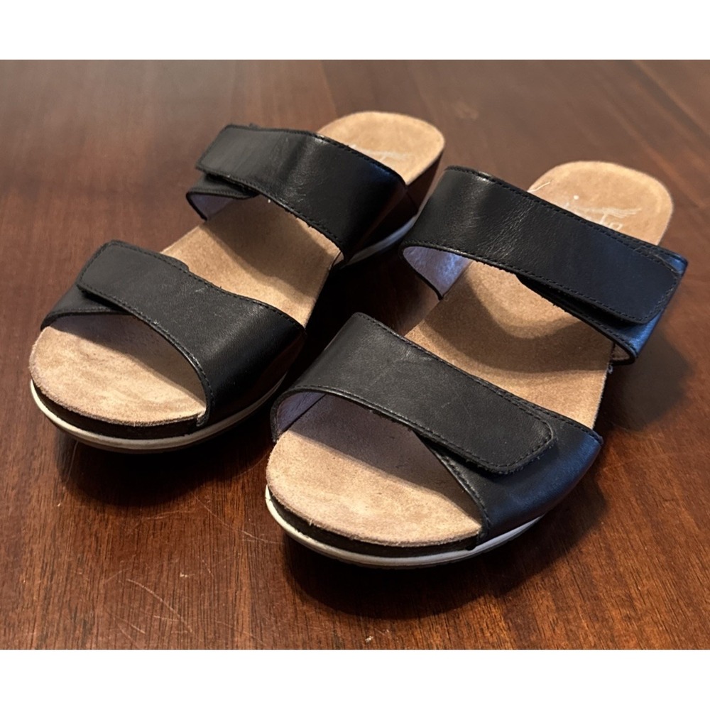 Dansko Womens US 8 Black Leather Double Strap Slide Sandals Comfort Wedge